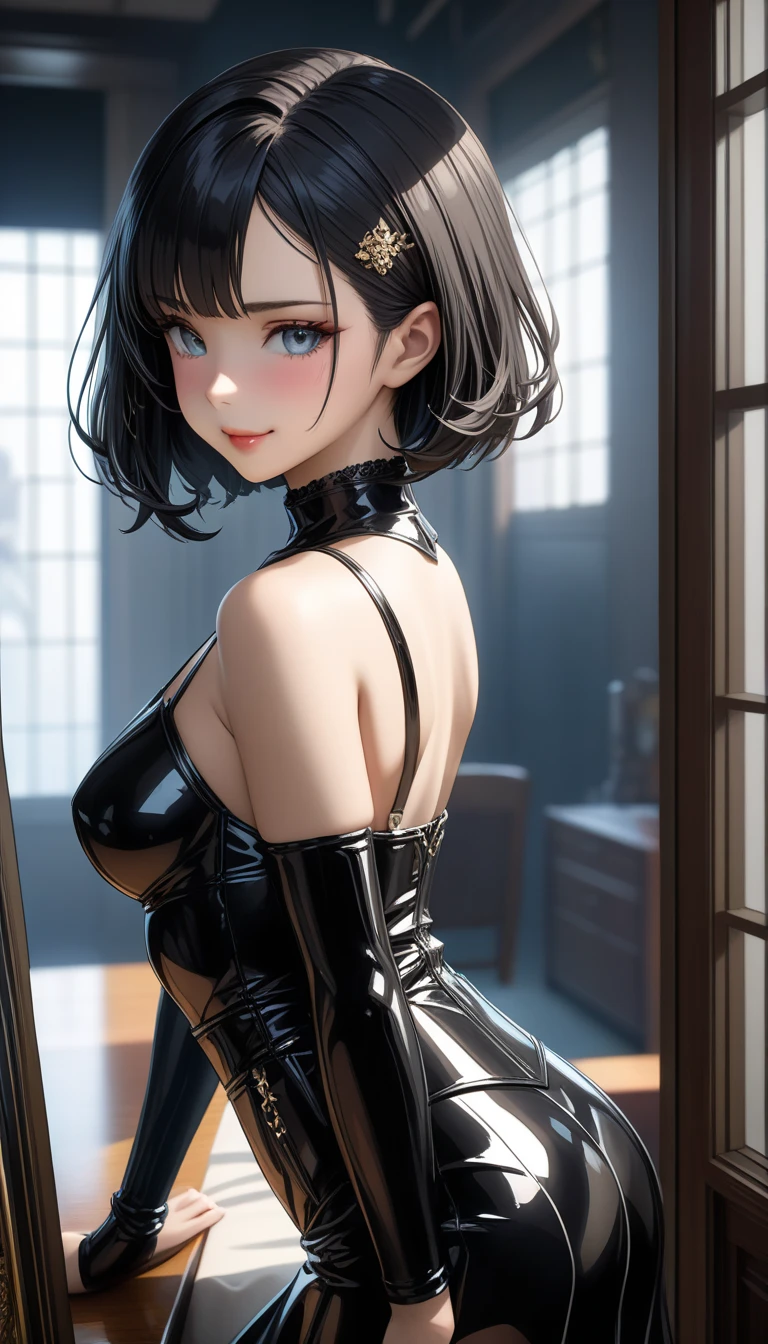 8k,ultra high resolution,Best Quality, masterpiece,rule of thirds,golden ratio,photograph, 1 Girl,One Woman,(Girl:1.3),cute,beautiful eyes,Details,masterpiece,Girl:1.2, Japanese women,Young Wife,extream close up,smile,Black hair,bob cut,ID photo,future,Brutal Cyberpunk Woman,Luxurious and gorgeous,Office,((Black Formal Wear:1.5)),Mini length flared skirt,Flashy Fashion,Lavish Decoration,(BDSM Mistress),(Cute girl),(Upper class lady:1.5),Expressions of despair,Dark and atmospheric lighting, Delicate Details,  Detailsな顔,anger,Attractive eyes,(ポートレートphotograph:1.4),( photorealistic images :1.4), Fantasy Art,(Beautiful Face:1.4),美しくAttractive eyes、 beautiful eyes,Silver Remaining,(Tight waist:1.4)、(Beautiful with perfect body proportions:1.4), Pink Lips,profile,(((Ideal body type))),A cup small bust :2,Portraiture:2、 perfect anatomy,Details,Thin lips,Detailed Skin , Perfect limbs,Thin Waist, surreal,Light and Shadow,glowing