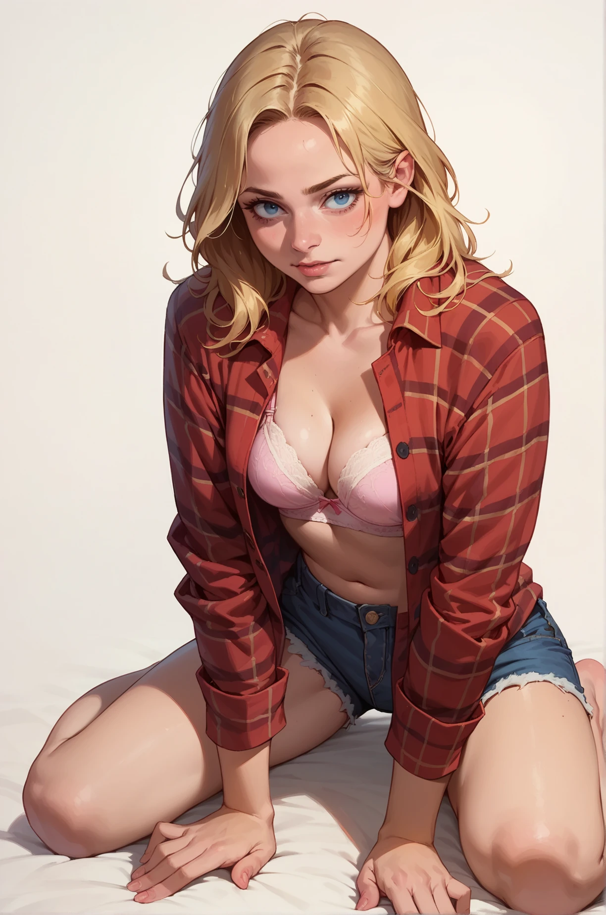 score_9, score_8_up, score_7_up, cartoon of a girl, solo, sexy, slutty, blue eyes, blonde hair, straight hair, denim shorts, red black plaid flannel shirt open, pink bra, cleavage, small breast, kneeling, moody, full body, white background