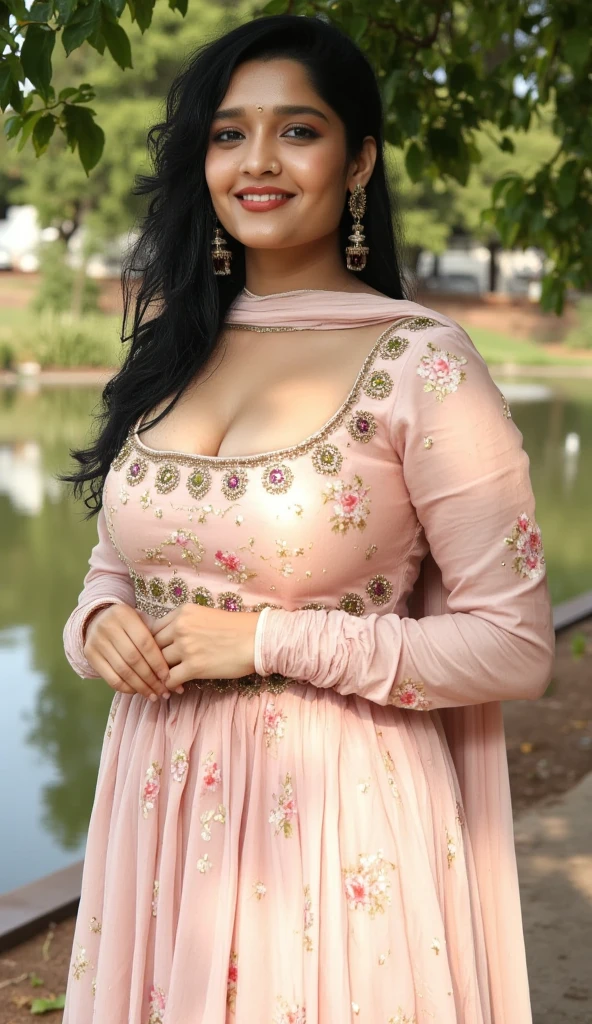 Indian middle age woman in saree, outdoor beneath a tree beside a pond, brown tone skin colour, sexy hips, attractive looks, cute cleavage, gorgeous smile, curvy figure, middle age beautiful woman, pink tight blouse, white loose skirt, smooth lighting, few sunrays on sexy body, like a dslr photo, realistic, realism, masterpiece