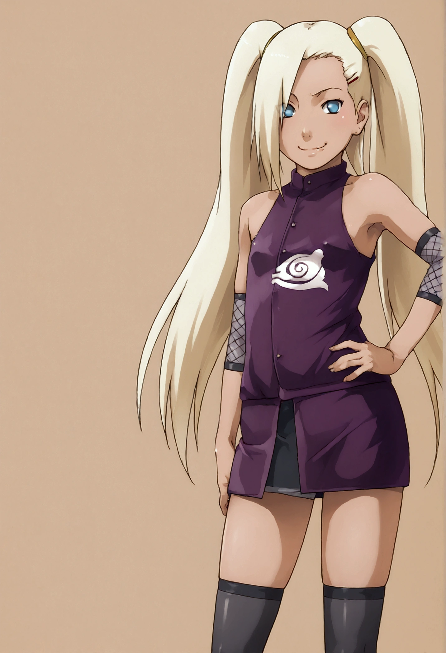 suntan,flat chested,smug face,camisole,female brat,twin tails,thighs,microskirt,super tight,hand on hip,print shirt,skirt,thighhighs,ino yamanaka