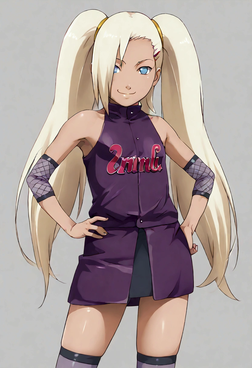 suntan,flat chested,smug face,camisole,female brat,twin tails,thighs,microskirt,super tight,hand on hip,print shirt,skirt,thighhighs,ino yamanaka