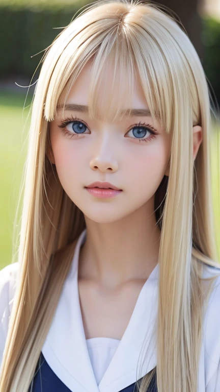  portrait、( school uniform )、Young shiny white bright shiny skin 、The best baby face looks、Smell the scent of hair 、Blonde reflection、 natural platinum blonde hair with dazzling highlights 、 shiny bright hair ,、 Smooth, Super Long, Super Long Straight Hair 、Shiny, beautiful bangs、Bangs between the eyes、Bangs above the face、 big bright sky blue eyes that are shining, clear, extremely vivid、 Very Big Eyes 、very beautiful lovely cute  girl 、Ample Bust、With slit、((I could see the whole body))、Small Face Beauty、Round face