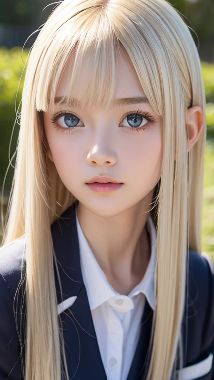  portrait、( school uniform )、Young shiny white bright shiny skin 、The best baby face looks、Smell the scent of hair 、Blonde reflection、 natural platinum blonde hair with dazzling highlights 、 shiny bright hair ,、 Smooth, Super Long, Super Long Straight Hair 、Shiny, beautiful bangs、Bangs between the eyes、Bangs above the face、 big bright sky blue eyes that are shining, clear, extremely vivid、 Very Big Eyes 、very beautiful lovely cute  girl 、Ample Bust、With slit、((I could see the whole body))、Small Face Beauty、Round face