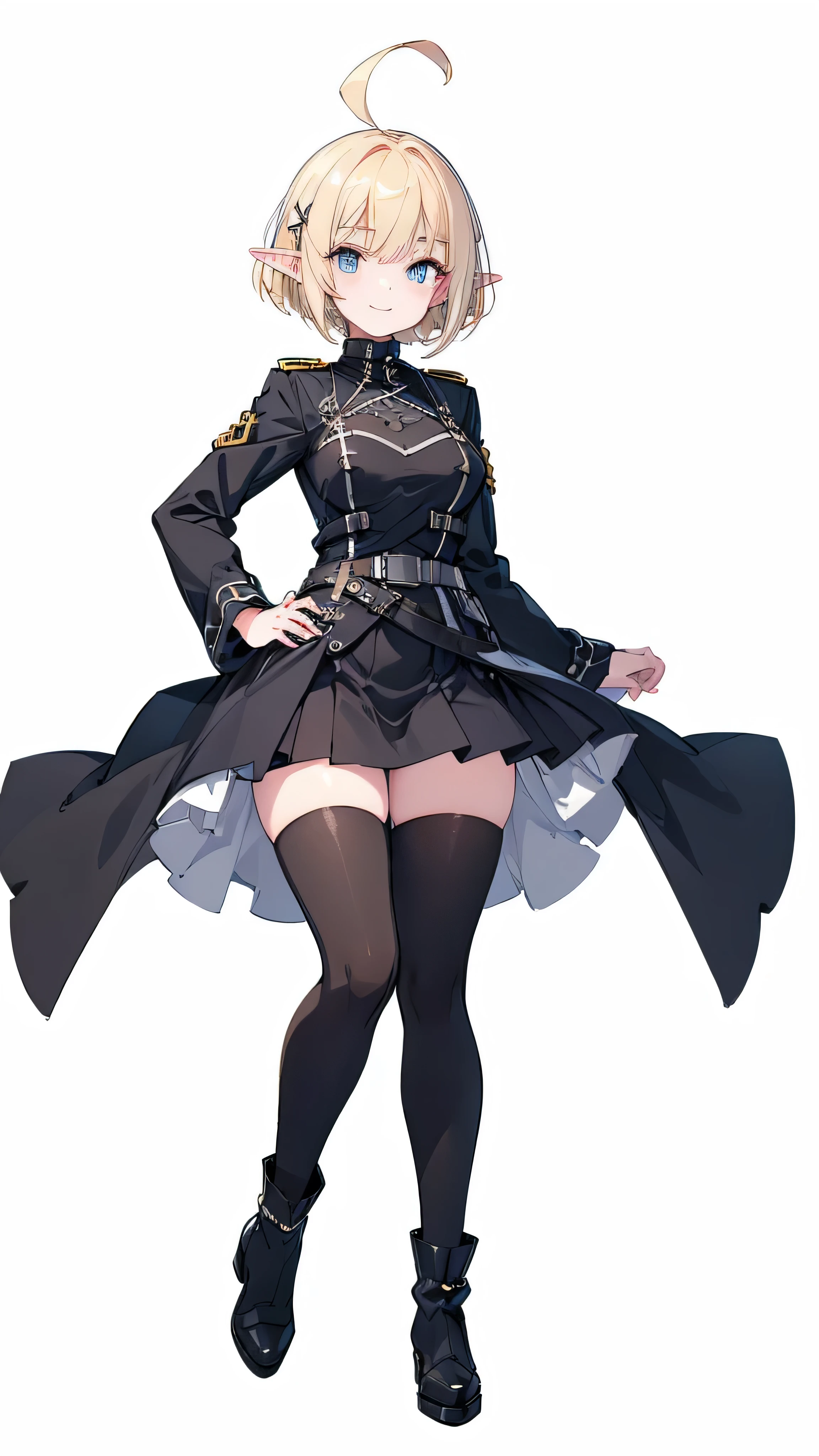 masterpiece,  top quality,(( 1 elf woman, Slender,Tall,adult, upright position, full body image )),Droopy eyes,Perfect dark blue eyes , (( blonde short hair)),ahoge,(((A thick X shaped hairpin is attached to the bangs))), very big breasts, black knee-high boots ,((black luxury tights,black gothic skirt,black long sleeve gothic military uniform)),((((Solid white background, no background )))), sharp eyebrows , white skin,smile,  I don't have anything in my hands ,One hand on hip,Composition from the front,Gun belt on waist