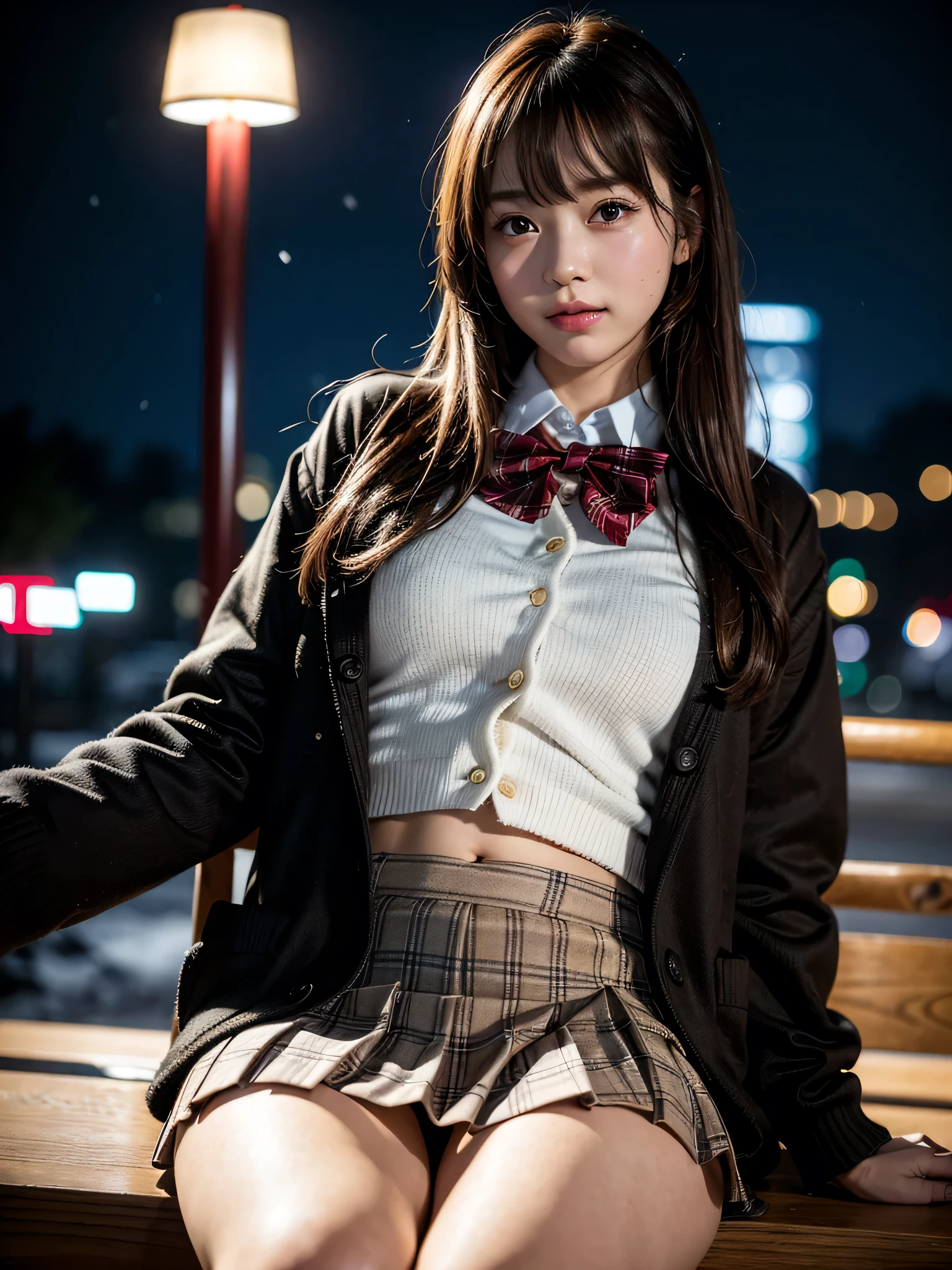 ((solo)), ((1 girl)), Panties Small, shopping, shop, market, coffee shop, ((night)), ((snowing)), ((snow)), ((Embarrassing)), 1girl, brown hair, long hair, bangs, brown eyes, big breasts, large breasts, red bowtie, school uniform, black jacket, open jacket, brown cardigan, white shirt, black skirt, plaid skirt, high school girl, blush, White underwear is visible, droopy eyes, shiny skin, beautiful breasts, beautiful ass, cute face, Japanese idol, real person, slightly smile, sit, smile, happy, love, caring, appreciate,