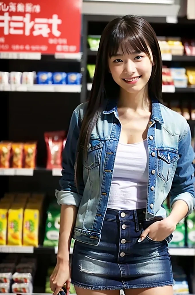 (masterpiece, best quality, perfect anatomy, highres, 8k, realistic, photorealistic, natural skin texture, no makeup:1.2), 1girl, solo, Japanese, age20, female university student, (very cute), shy smile, (she is shopping at the LAWSON, she want to lunch:1.3), (large breasts:1.5), (cleavage), (perfect figure), (long sleeve T-shirt), (denim mini skirt), (looking at viewer), (side shot), portrait, nekogao