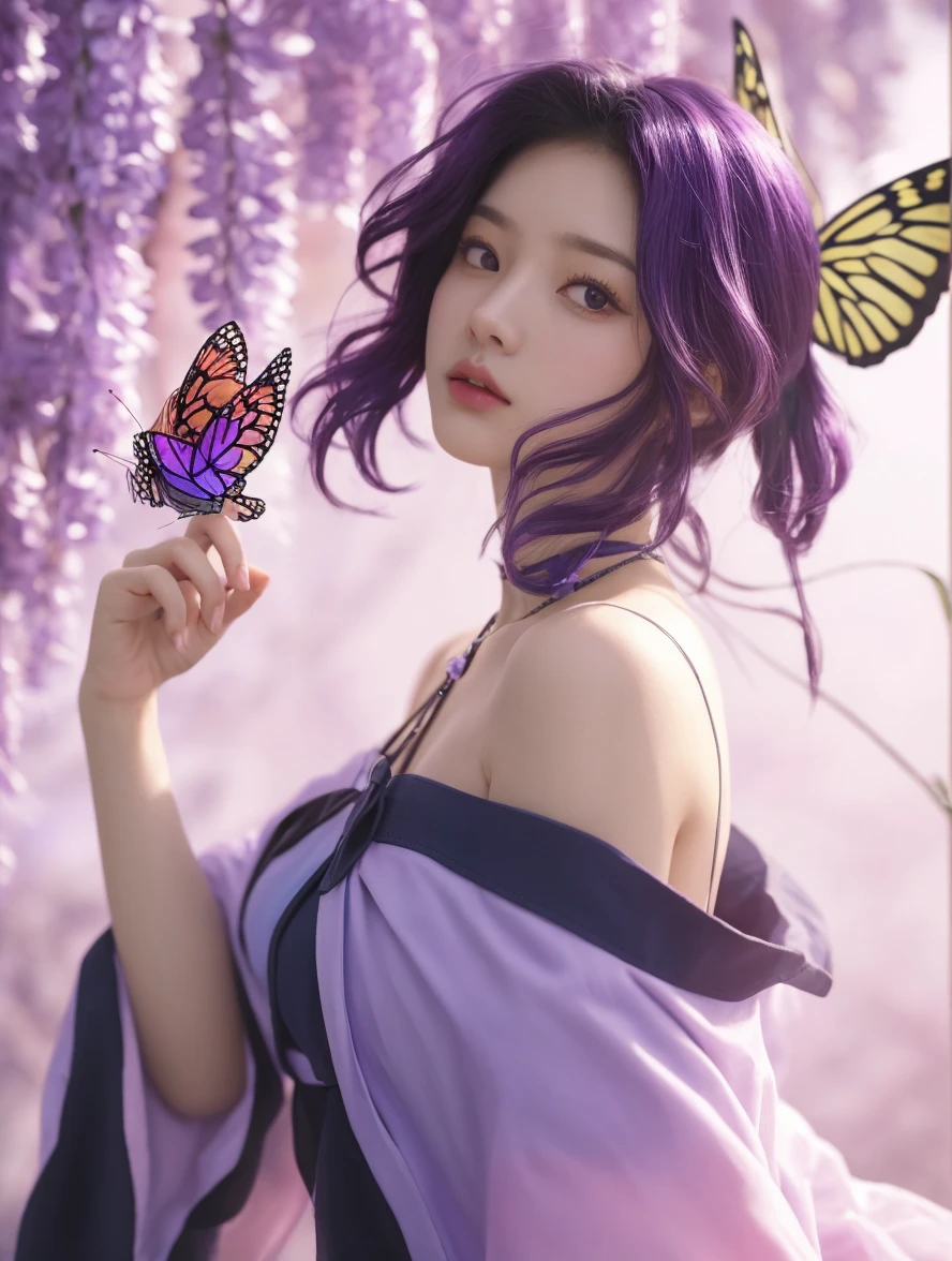a picture、It's like a photo、A Japanese Lady、20yr old、Purple hair color、purpleish color、Beautiful glass hair、beautiful hair decoration、Wearing kimono、Butterflies around々is flying、Beautiful skin