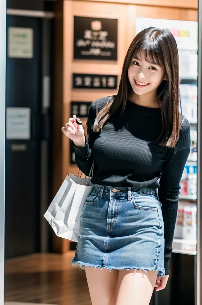 (masterpiece, best quality, perfect anatomy, highres, 8k, realistic, photorealistic, natural skin texture, no makeup:1.2), 1girl, solo, Japanese, age20, female university student, (very cute), shy smile, (she is shopping at the LAWSON, she want to lunch:1.3), (large breasts:1.5), (cleavage), (perfect figure), (long sleeve T-shirt), (denim mini skirt), (looking at viewer), (side shot), portrait, nekogao