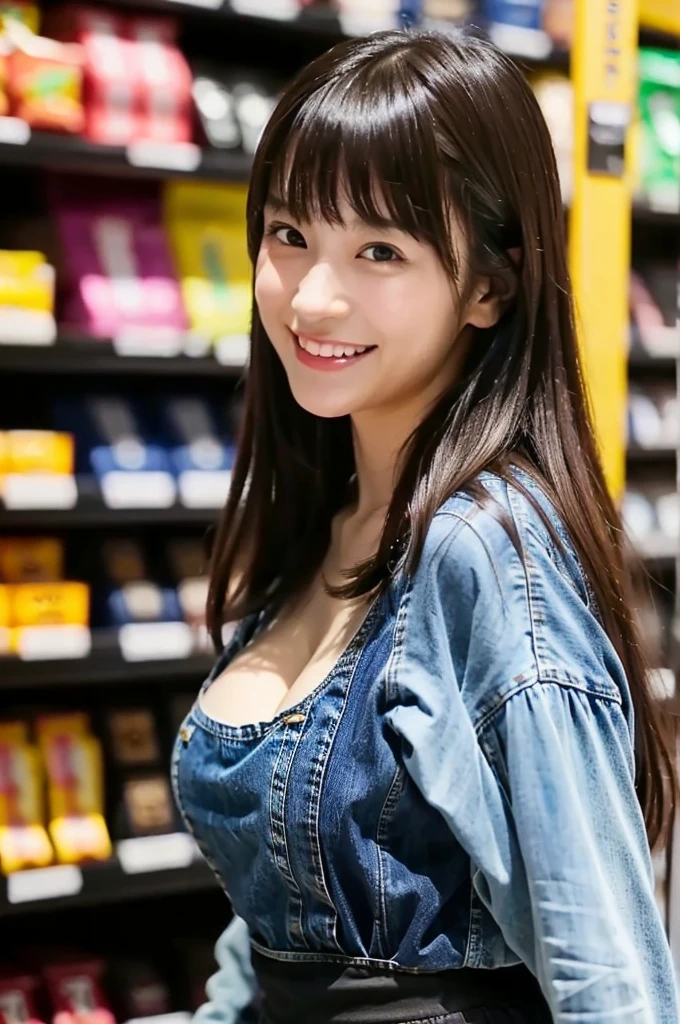 (masterpiece, best quality, perfect anatomy, highres, 8k, realistic, photorealistic, natural skin texture, no makeup:1.2), 1girl, solo, Japanese, age20, female university student, (very cute), shy smile, (she is shopping at the LAWSON, she want to lunch:1.3), (large breasts:1.5), (cleavage), (perfect figure), (long sleeve T-shirt), (denim mini skirt), (looking at viewer), (side shot), portrait, nekogao