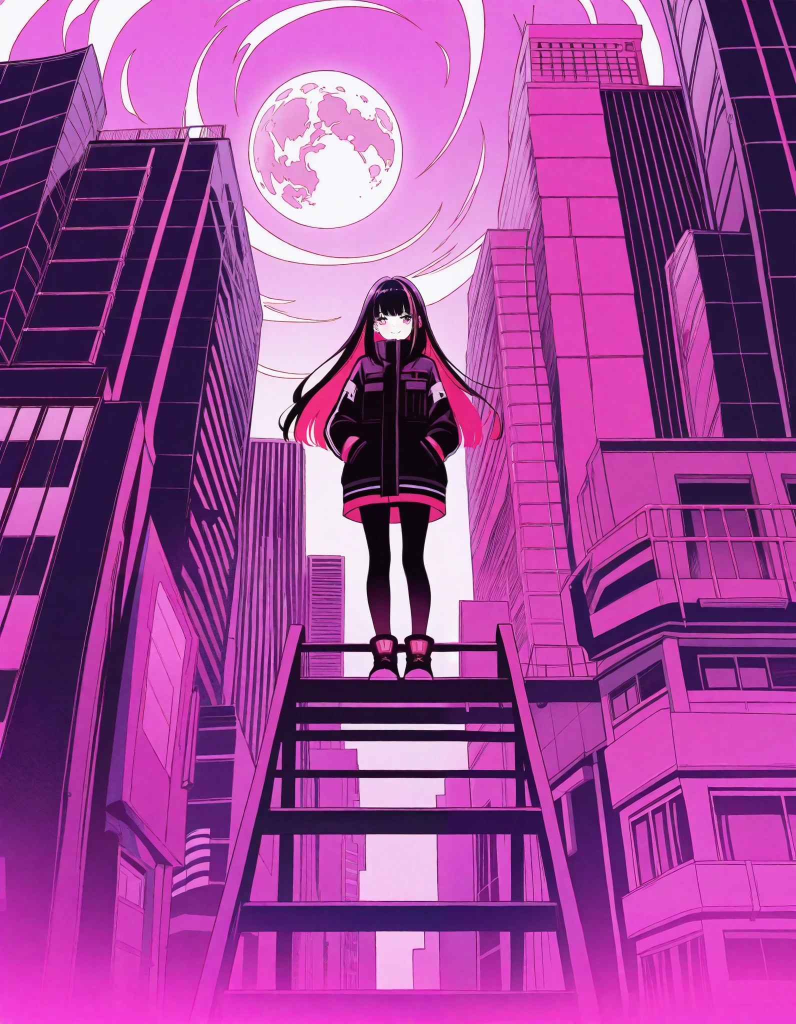 colorful, 1girl, colorful, colorful, cyberpunk, ladder, looking at viewer, moon, multicolored hair, two-tone hair, pink theme, long hair, solo, closed mouth, limited palette, full moon, building, smile, outdoor, city lights, masterpiece, best quality, newest, very awa