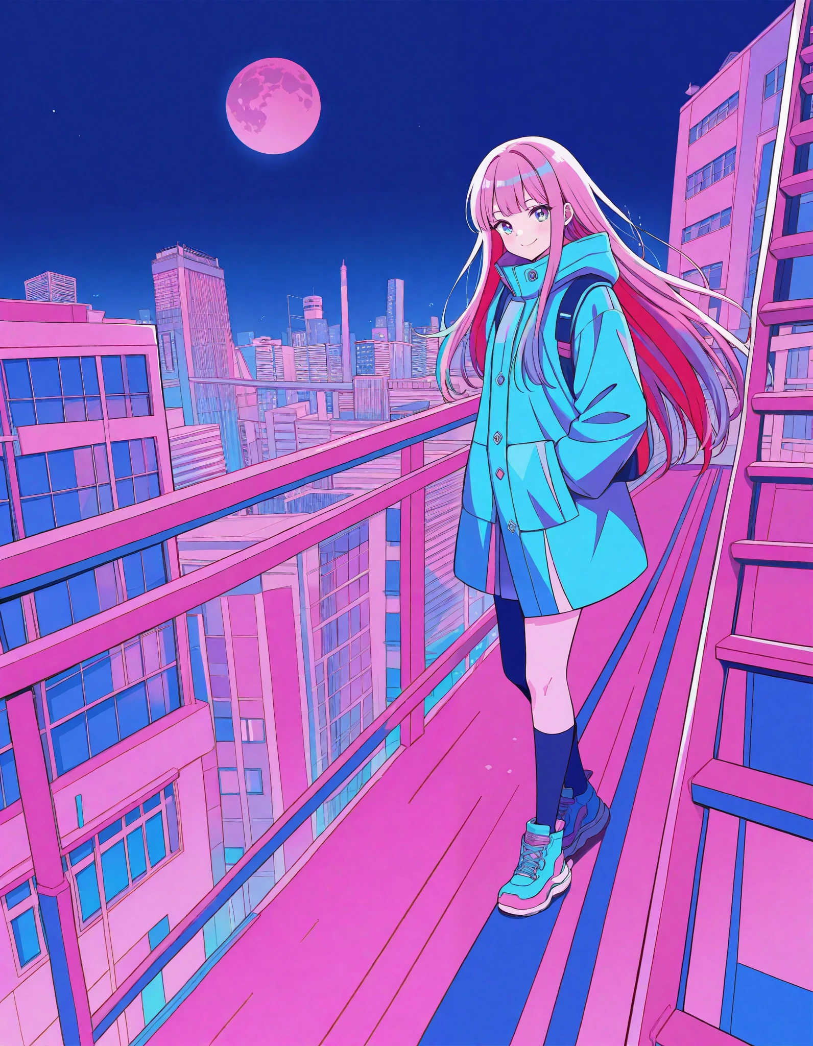 colorful, 1girl, colorful, colorful, cyberpunk, ladder, looking at viewer, moon, multicolored hair, two-tone hair, pink theme, long hair, solo, closed mouth, limited palette, full moon, building, smile, outdoor, city lights, masterpiece, best quality, newest, very awa