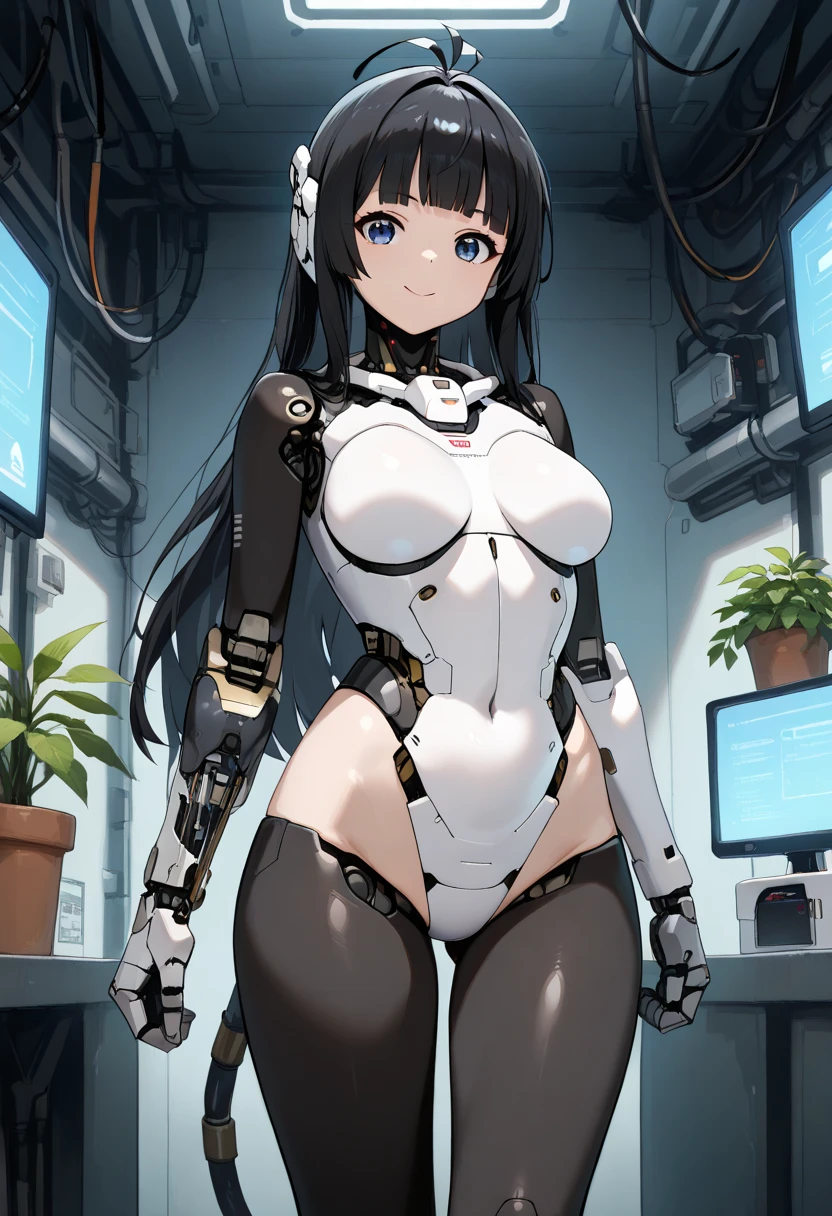 masterpiece, best quality, extremely detailed, (8K, 4K, Best Quality, hight resolution, 超A high resolution:1.1), ,8k portrait, Japaese android Girl,Plump , dark black leg cover,announcer,control panels,android,Droid,Mechanical Hand, Robot arms and legs, Black Robot Parts,Black long hair,Mechanical body,Blunt bangs,perfect mechanical abdomen,White robotics parts,perfect robot woman,future laboratory,cyber pank,charging spot,laboratory,long tube,thick cable connected her neck,white ceramic body ,perfect mechanical body, white robot body,lod antenna,mechanical ear cover,android,robot humanoid,black sponge joints,The removable cover is in the groin,The connection port is in the groin,opened chest panel,access panel on the chest,opened breast panel,perfect mechanical breast,perfect black machine body,perfect black android body,She has repaired,assembly plant,dark black tights,dark black leggings,smile