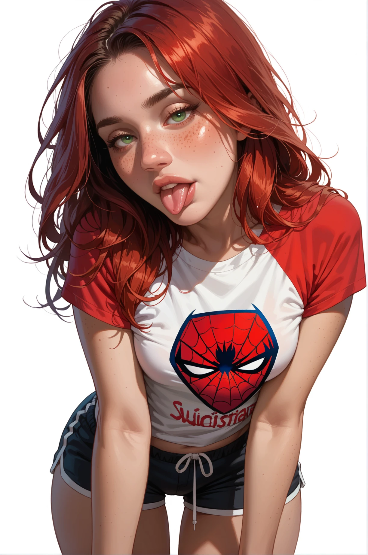 score_9, score_8_up, score_7_up, cartoon of a girl, solo, sexy, slutty, pale skin, freckles, green eyes, red hair, straight hair, sleep shorts, spiderman tshirt, small breast, wide hips, sticking out her tongue, leaning forward, in knees, standing, white background
