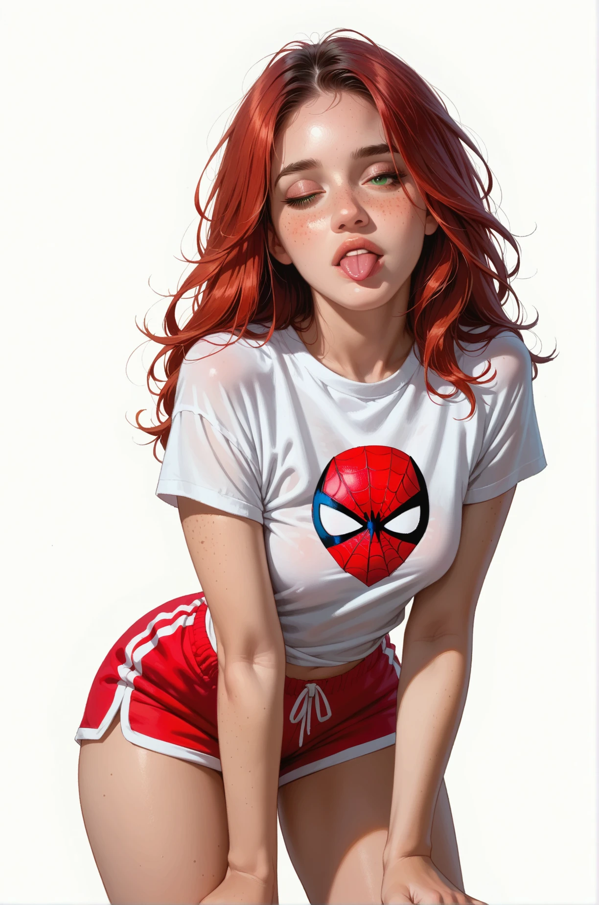score_9, score_8_up, score_7_up, cartoon of a girl, solo, sexy, slutty, pale skin, freckles, green eyes, red hair, straight hair, sleep shorts, spiderman tshirt, small breast, wide hips, sticking out her tongue, leaning forward, in knees, standing, white background