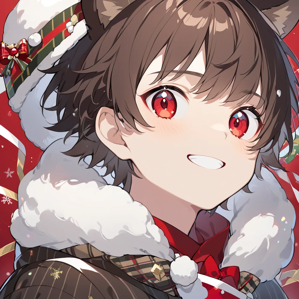  1 boy, Alone,  raccoon dog ears、 Dark brown hair color with short hair、 クリスマス 、サンタクロースのコスプレ、My eyes are crimson 、The expression of a fearless smile 