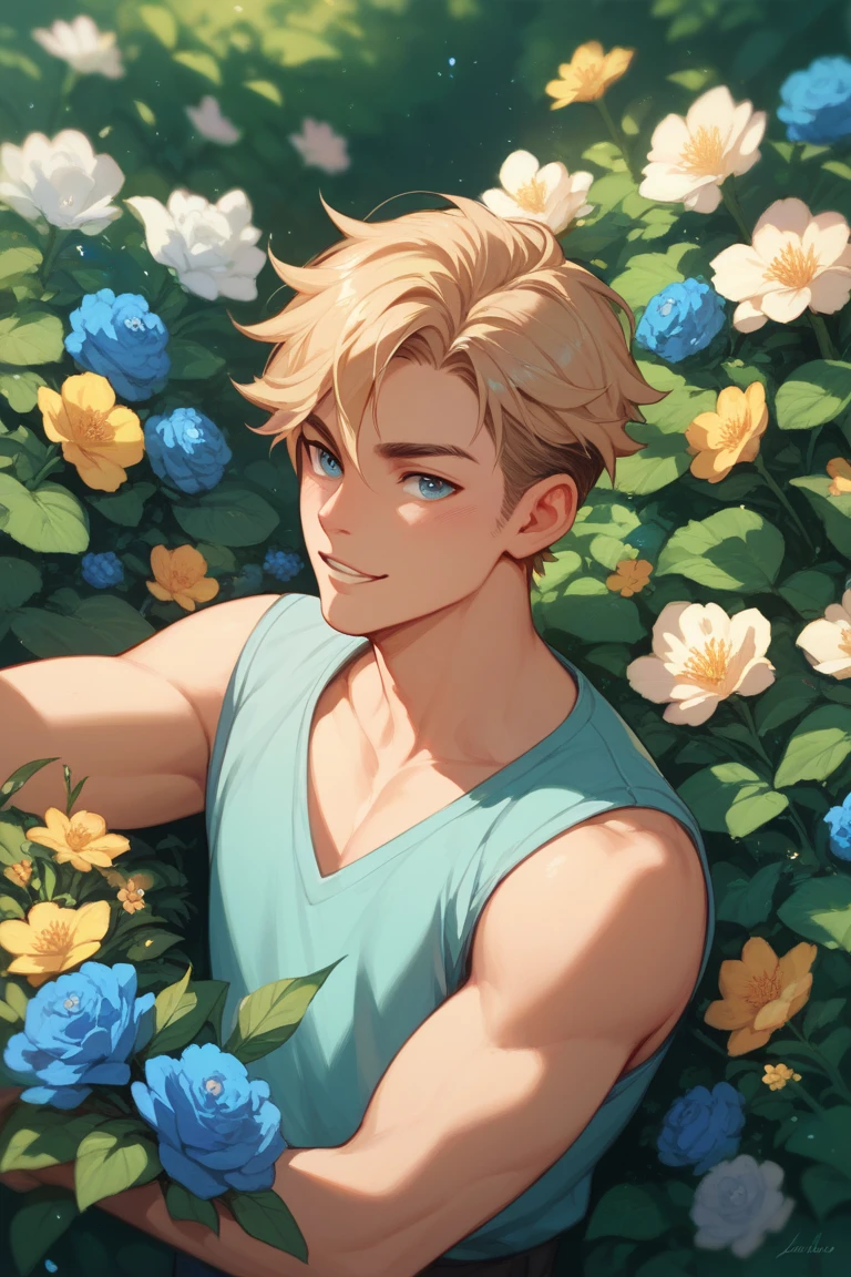 Boy surrounded by flowers