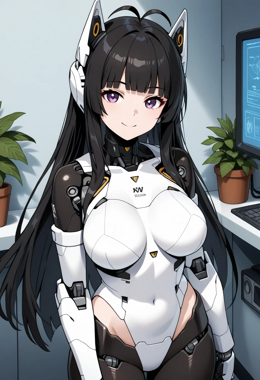 masterpiece, best quality, extremely detailed, (8K, 4K, Best Quality, hight resolution, 超A high resolution:1.1), ,8k portrait, Japaese android Girl,Plump , dark black leg cover,announcer,control panels,android,Droid,Mechanical Hand, Robot arms and legs, Black Robot Parts,Black long hair,Mechanical body,Blunt bangs,perfect mechanical abdomen,White robotics parts,perfect robot woman,future laboratory,cyber pank,charging spot,laboratory,long tube,thick cable connected her neck,white ceramic body ,perfect mechanical body, white robot body,lod antenna,mechanical ear cover,android,robot humanoid,black sponge joints,The removable cover is in the groin,The connection port is in the groin,opened chest panel,access panel on the chest,opened breast panel,perfect mechanical breast,perfect black machine body,perfect black android body,She has repaired,assembly plant,dark black tights,dark black leggings,smile