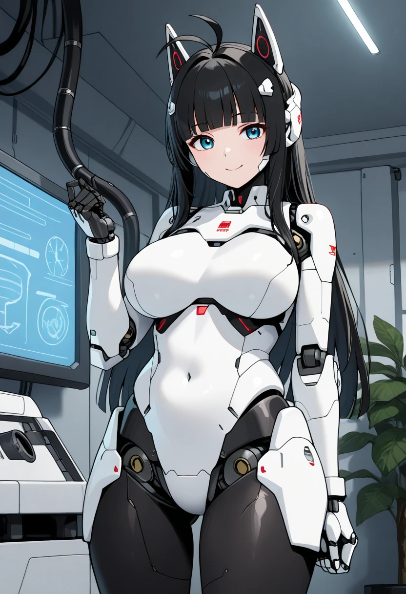 masterpiece, best quality, extremely detailed, (8K, 4K, Best Quality, hight resolution, 超A high resolution:1.1), ,8k portrait, Japaese android Girl,Plump , dark black leg cover,announcer,control panels,android,Droid,Mechanical Hand, Robot arms and legs, Black Robot Parts,Black long hair,Mechanical body,Blunt bangs,perfect mechanical abdomen,White robotics parts,perfect robot woman,future laboratory,cyber pank,charging spot,laboratory,long tube,thick cable connected her neck,white ceramic body ,perfect mechanical body, white robot body,lod antenna,mechanical ear cover,android,robot humanoid,black sponge joints,The removable cover is in the groin,The connection port is in the groin,opened chest panel,access panel on the chest,opened breast panel,perfect mechanical breast,perfect black machine body,perfect black android body,She has repaired,assembly plant,dark black tights,dark black leggings,smile