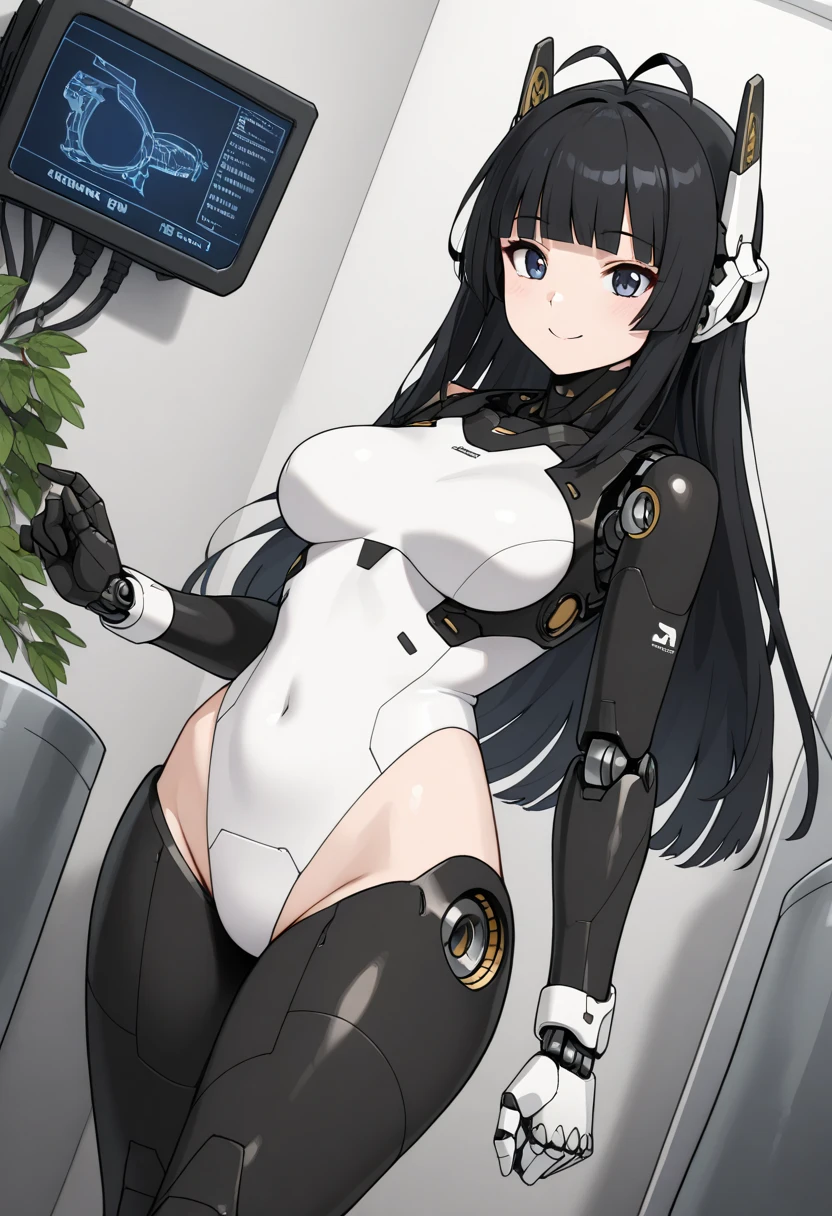 masterpiece, best quality, extremely detailed, (8K, 4K, Best Quality, hight resolution, 超A high resolution:1.1), ,8k portrait, Japaese android Girl,Plump , dark black leg cover,announcer,control panels,android,Droid,Mechanical Hand, Robot arms and legs, Black Robot Parts,Black long hair,Mechanical body,Blunt bangs,perfect mechanical abdomen,White robotics parts,perfect robot woman,future laboratory,cyber pank,charging spot,laboratory,long tube,thick cable connected her neck,white ceramic body ,perfect mechanical body, white robot body,lod antenna,mechanical ear cover,android,robot humanoid,black sponge joints,The removable cover is in the groin,The connection port is in the groin,opened chest panel,access panel on the chest,opened breast panel,perfect mechanical breast,perfect black machine body,perfect black android body,She has repaired,assembly plant,dark black tights,dark black leggings,smile