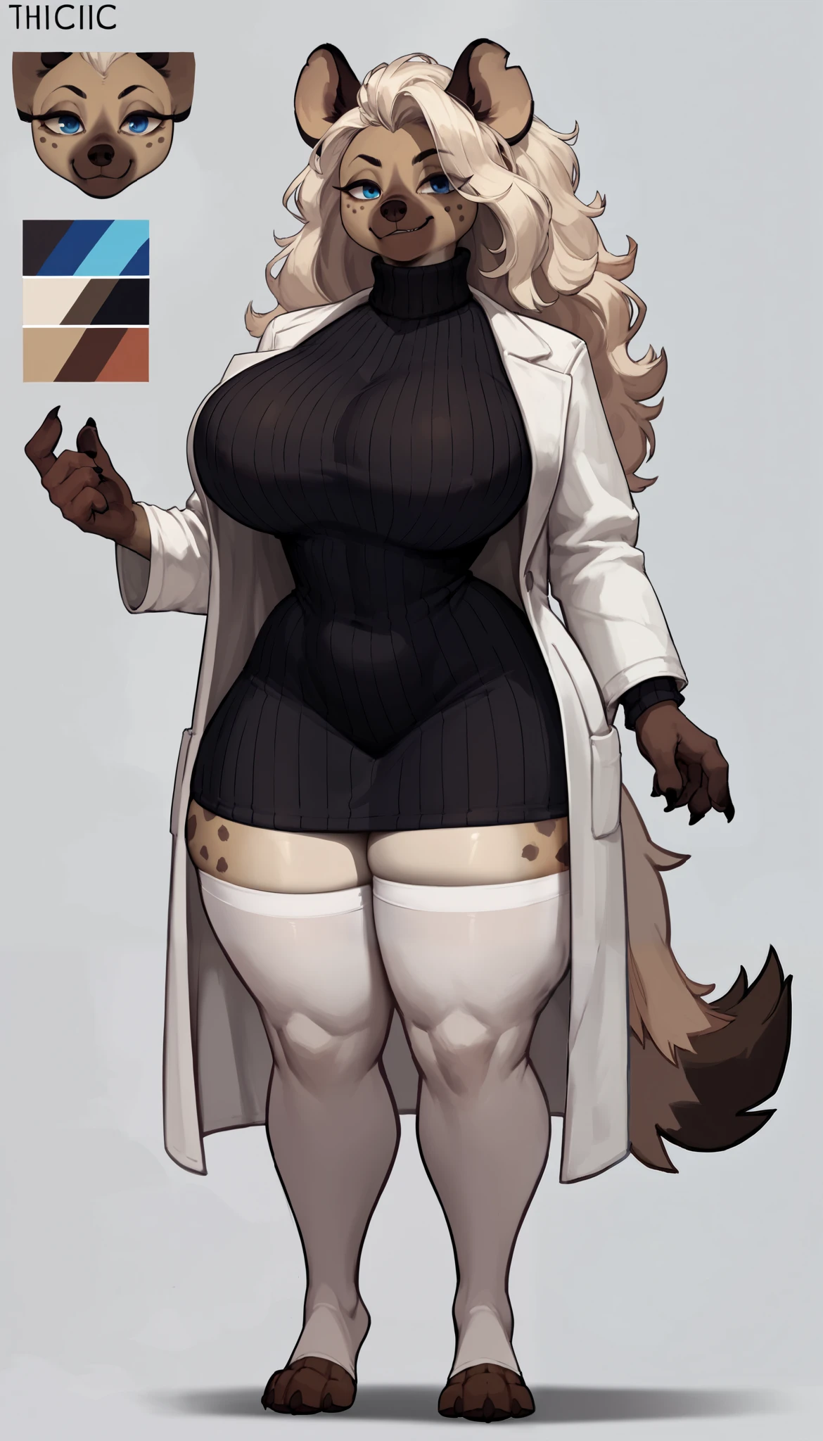(solo)female anthro hyena ,long hair((white)), hyena ears, hyena (big breasts:1.9), attractive, wearing Black turtleneck sweater dress, white stockings, lab coat, thicc body, thicc body, thicc, freckles, freckles on face, (happy expression), smug eyes, (thick thighs:1.5) (Reference sheet, art commission, concept art, character sheet, full body), long tail, blue eyes