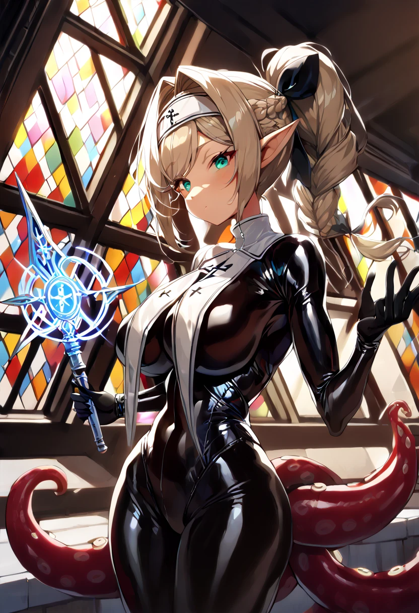 (high-elf:1.4), (droopy eyes, emerald eye:1.2), (pointy ears:1.4), (silver blonde hair, braid ponytail, hair intakes, antenna hair:1.4), (large breast:1.4), (gleaming skin, shiny skin:1.4), (nun body-suit, breast curtains, latex:1.4), (black gloves, black stocking, pvc:1.4), (fighting pose, arched back, cowboy shot:1.0), (holding magic wand:1.4), (spark lightning:1.0), (many tentacles, large, veiny:1.4), (cowboy shot, from side:1.4), (luxurious penthouse, indoor rooftop cathedral, stained glass:1.4), (midnight:1.4), 