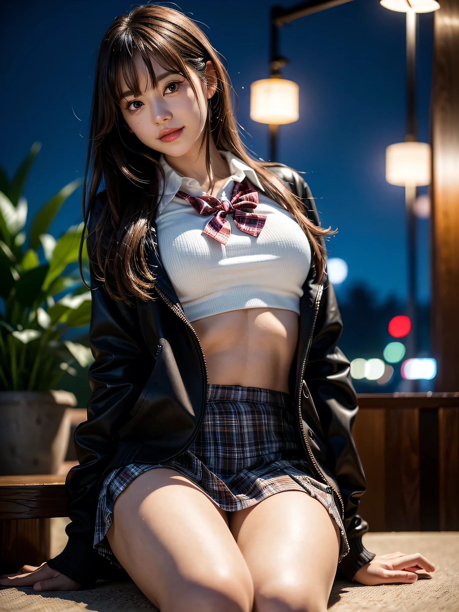((solo)), ((1 girl)), Panties Small, shopping, shop, market, coffee shop, ((night)), ((snow)), ((Embarrassing)), 1girl, brown hair, long hair, bangs, brown eyes, big breasts, large breasts, red bowtie, school uniform, black jacket, open jacket, brown cardigan, white shirt, black skirt, plaid skirt, high school girl, blush, White underwear is visible, white panties, droopy eyes, shiny skin, beautiful breasts, beautiful ass, cute face, Japanese idol, real person, slightly smile, sit, smile, happy, love, caring, appreciate,