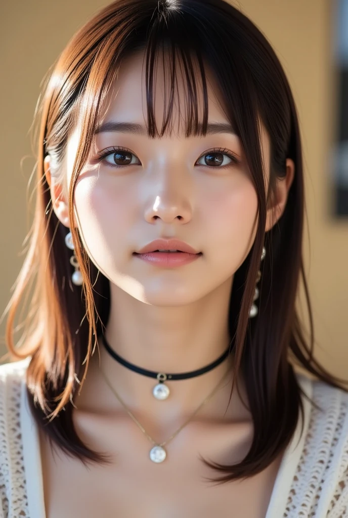  1 beautiful woman,  medium light brown hair 、26 years old、桜のランジェリー、Height: 155cm、Bust 90cm、Waist 60cm、Hips 88cm 、Shiny whitening 、 Hairstyle with bangs、 announcer、 is wearing high heels、round face、Mermaid Silhouette、Long sleeve clothes、Big Breasts