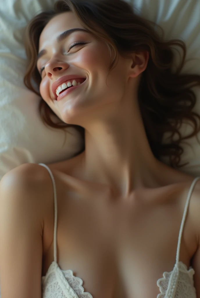 Beautiful, white, young woman, eyes closed, wearing white string bikini, mouth very wide open and happy, kneeling in carpet, top down view