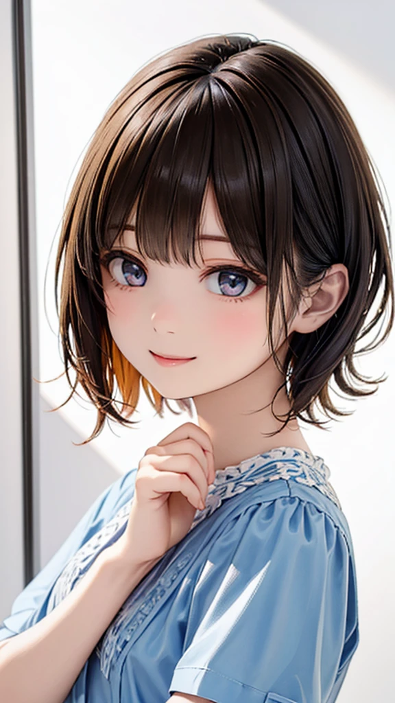 ( best quality 、8k、32K、masterpiece)、( realistic )、( Frame In、 photorealistic :1.2)、(There is no light or shadow )、super detailed、 very cute face and eyes 、Frame In、 1 girl、 round small face、 thin waist、Delicate body、(close、 best quality 、 high detail、 rich skin details )、( best quality 、8k、Oil paints:1.2)、super detailed、( realistic 、 realistic :1.37)、 bright color、((( black hair)))、((( black hair)))、((( bust shot )))、((( short hair )))、((( white wall background )))、(((Black Hair )))、(((Short sleeve clothes)))、((( has a happy expression)))、(((She is wearing a blue blouse )))、((Hands are in front of her face. ))、(((The palm of your hand is open)))、(((Light brown hair)))、(((Frame In)))、((woman))、((( is closing its mouth)))、(((Frame In)))、(((Solo Shot)))、