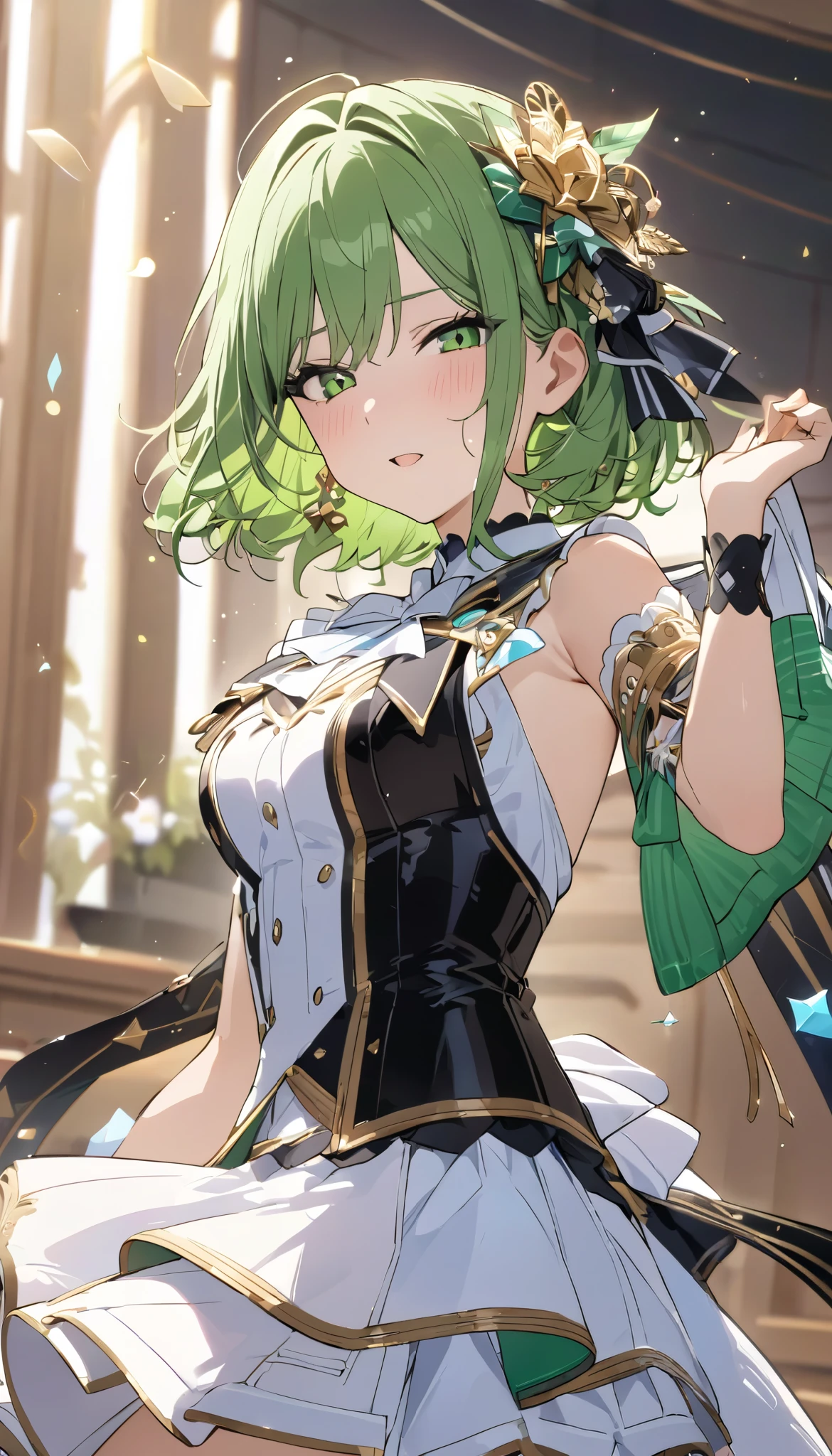 (((Best quality, 8k, Masterpiece: 1.3)), ((best quality)), ((masterpiece)), (detailed), perfect face, perfect body, (detailed skin:1.3), (intricate details), green hair, expressive hair, medium hair, idol