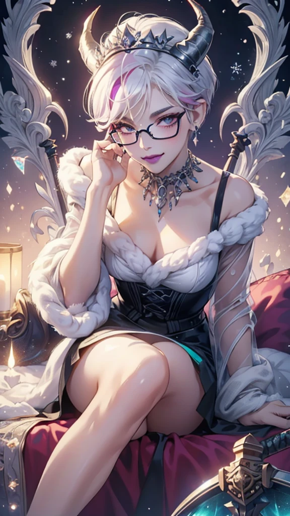 8k, masterpiece, best quality, highly detailed, 1 girl, devil, demon horns, warlock, pixie cut, white hair, multicolored hair, very short straight hair, red highlight hair on white hair, stippled hair, wearing glasses, round glasses, earrings, red eyeshadow, long eyelashes, blushed cheek, purple lips, pearl necklace, rings, collarbone, mole on face, glamorous, teal and purple queen clothes, naval piercing, close up view, sadistic smile, high heels, rings, looking at viewer, sitting pose, exposed nape, winter, blizzard, wearing crown, cronwed, see-thru clothes, both hands holding scythe, leg crossing