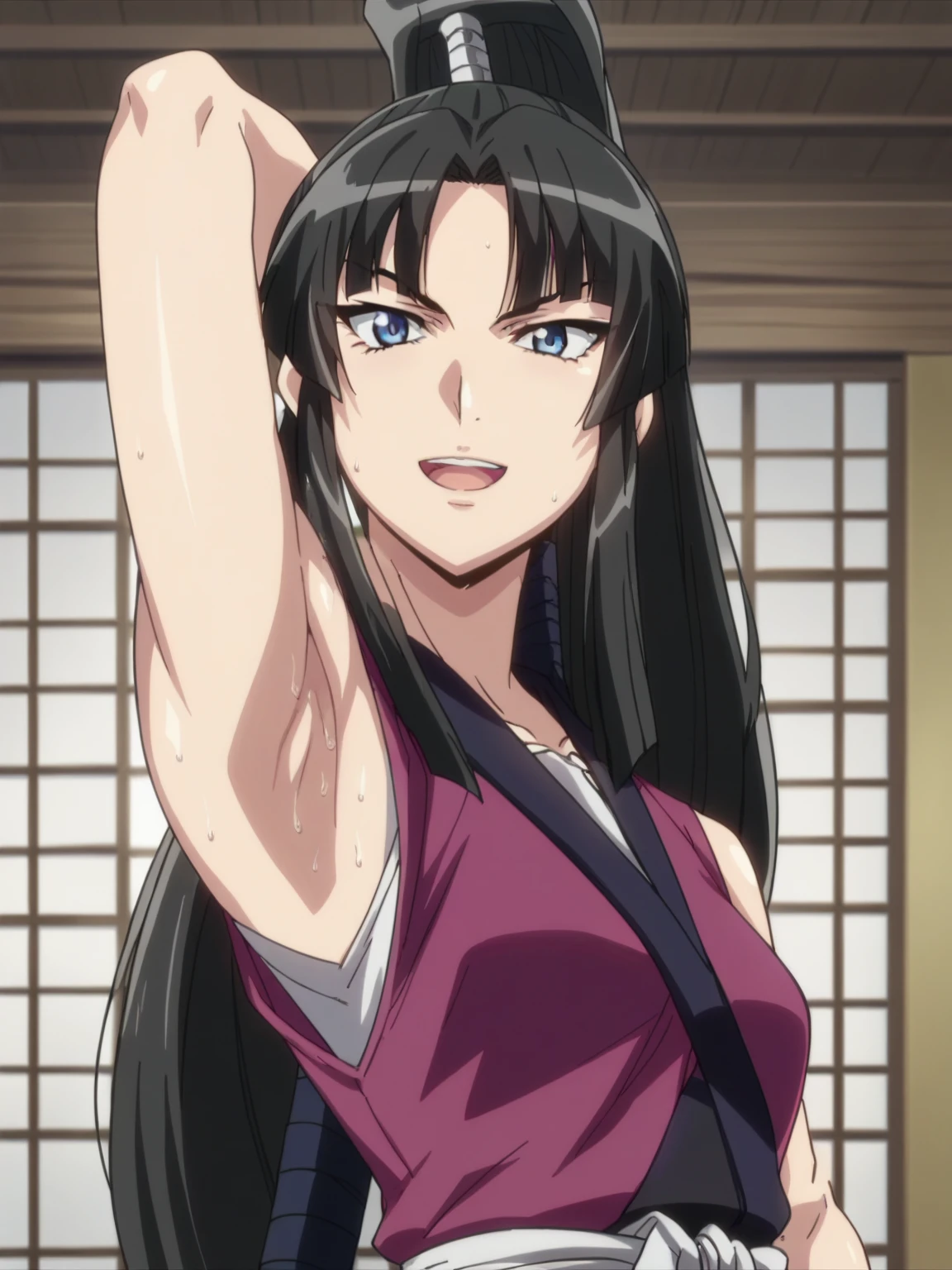 score_9, score_8_up, score_7_up, source_anime, anime screencap, 1girl, solo, ouka sayama, long hair, ponytail, blue eyes, black hair, parted bangs, bare shoulders, bare arms, arm behind head, armpit, looking at viewer, head towards viewer, smile, badhandv4, indoors, opened mouth, teeth, black ninja outfit, sleeveless ninja outfit, from side, from below, sweaty armpits