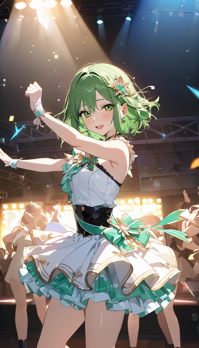 (((Best quality, 8k, Masterpiece: 1.3)), ((best quality)), ((masterpiece)), (detailed), perfect face, perfect body, (detailed skin:1.3), (intricate details), green hair, expressive hair, medium hair, idol, Live venue, spotlight, dancing, singing, enjoy