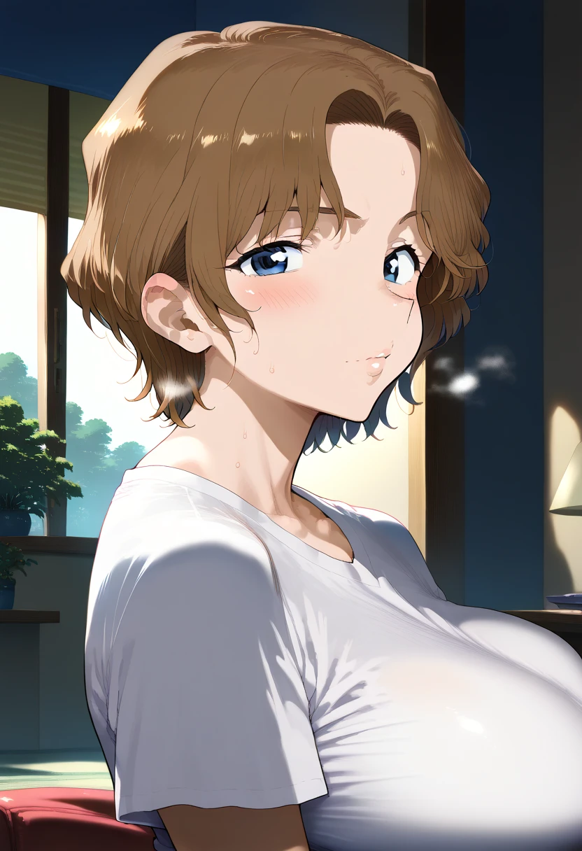 Hyper realistic, ooka momiji, short hair, brown hair, blue eyes、ウェーブヘア、, mature female, perfect face, perfect lighting, sexy female, ,huge breasts, sweat,  (white  キャミソールドレス)、,from side、looking at viewer