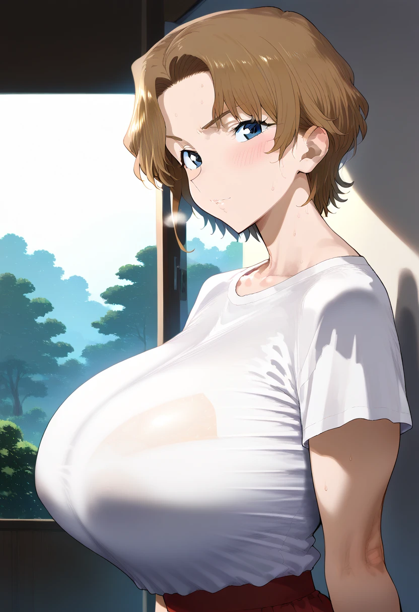 Hyper realistic, ooka momiji, short hair, brown hair, blue eyes、ウェーブヘア、, mature female, perfect face, perfect lighting, sexy female, ,huge breasts, sweat,  (white  キャミソールドレス)、,from side、looking at viewer