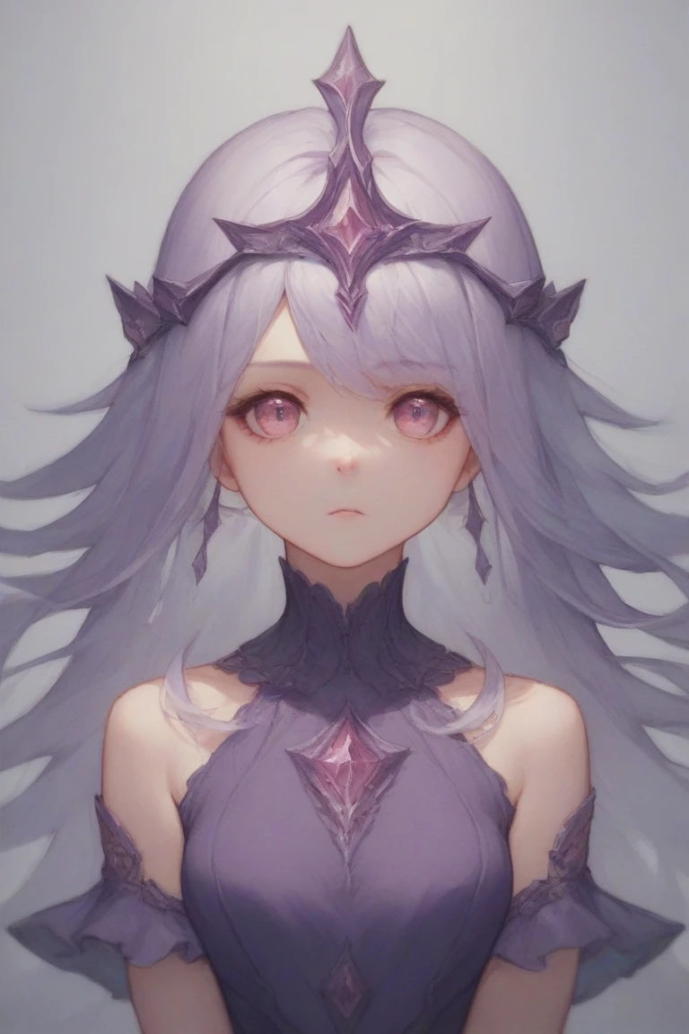 A girl whith long wavy, slightly purple-tinged silver hair and hot pink eyes, reminiscent of a warm and cozy environment, wears a purple dress with ruffles at the ends and a purple tiara in her hair*