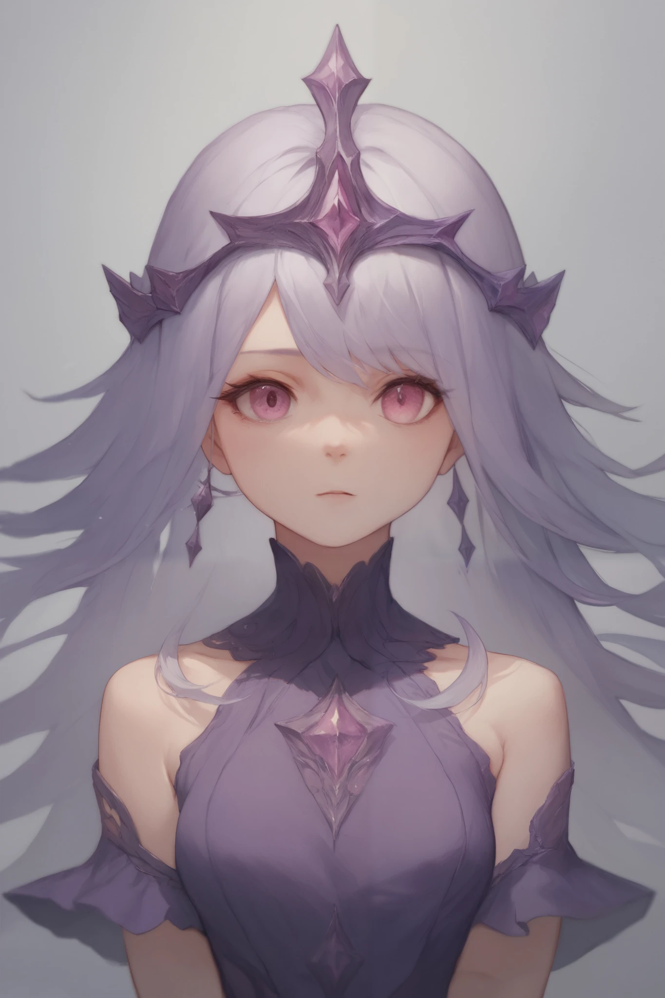 A girl whith long wavy, slightly purple-tinged silver hair and hot pink eyes, reminiscent of a warm and cozy environment, wears a purple dress with ruffles at the ends and a purple tiara in her hair*