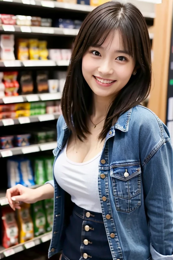 (masterpiece, best quality, perfect anatomy, highres, 8k, realistic, photorealistic, natural skin texture, no makeup:1.2), 1girl, solo, Japanese, age20, female university student, (very cute), shy smile, (she is shopping at the LAWSON, she want to lunch:1.3), (large breasts:1.5), (cleavage), (perfect figure), (long sleeve T-shirt), (denim mini skirt), (looking at viewer), (side shot), portrait, nekogao