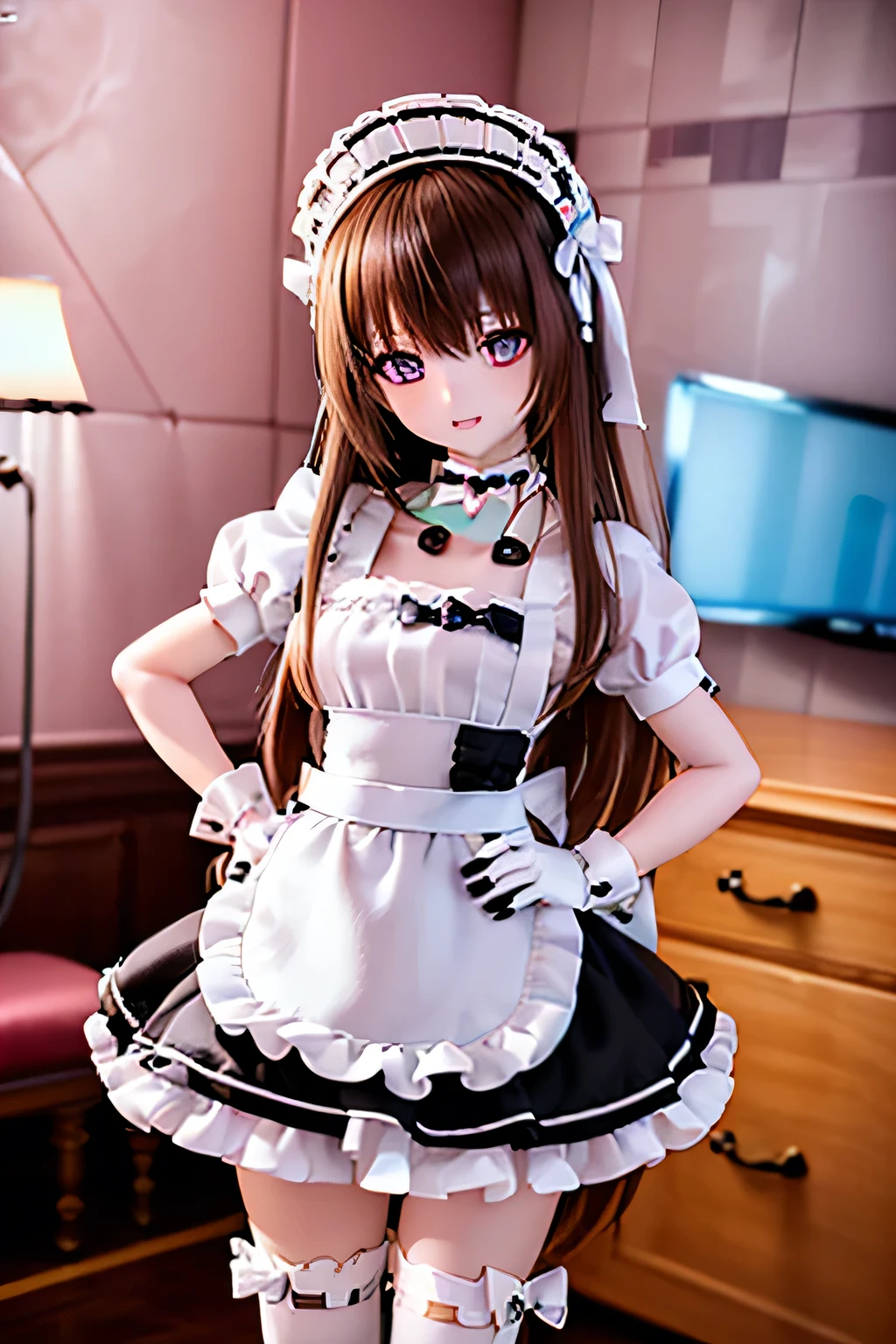 (SFW:2), photorealistic, realistic photo, 8k, Canon EOS, ((highest quality)), ((masterpiece)), (extremely detailed), dd, doll, idol dress, (squinted eyes, disgust:1.5), (mature woman, 21yo, 21 years old, solo, plastic skin, private room:1.6), (cowboy shot, standing, hands on own hips, slim, skinny, slender, brown hair, long hair, bow, maid headpiece, choker, black maid costume, maid apron, white thigh highs, half opened mouth, purple brown eyes, glass eyes, shining eyes, looking at viewer, detailed face:1.3)