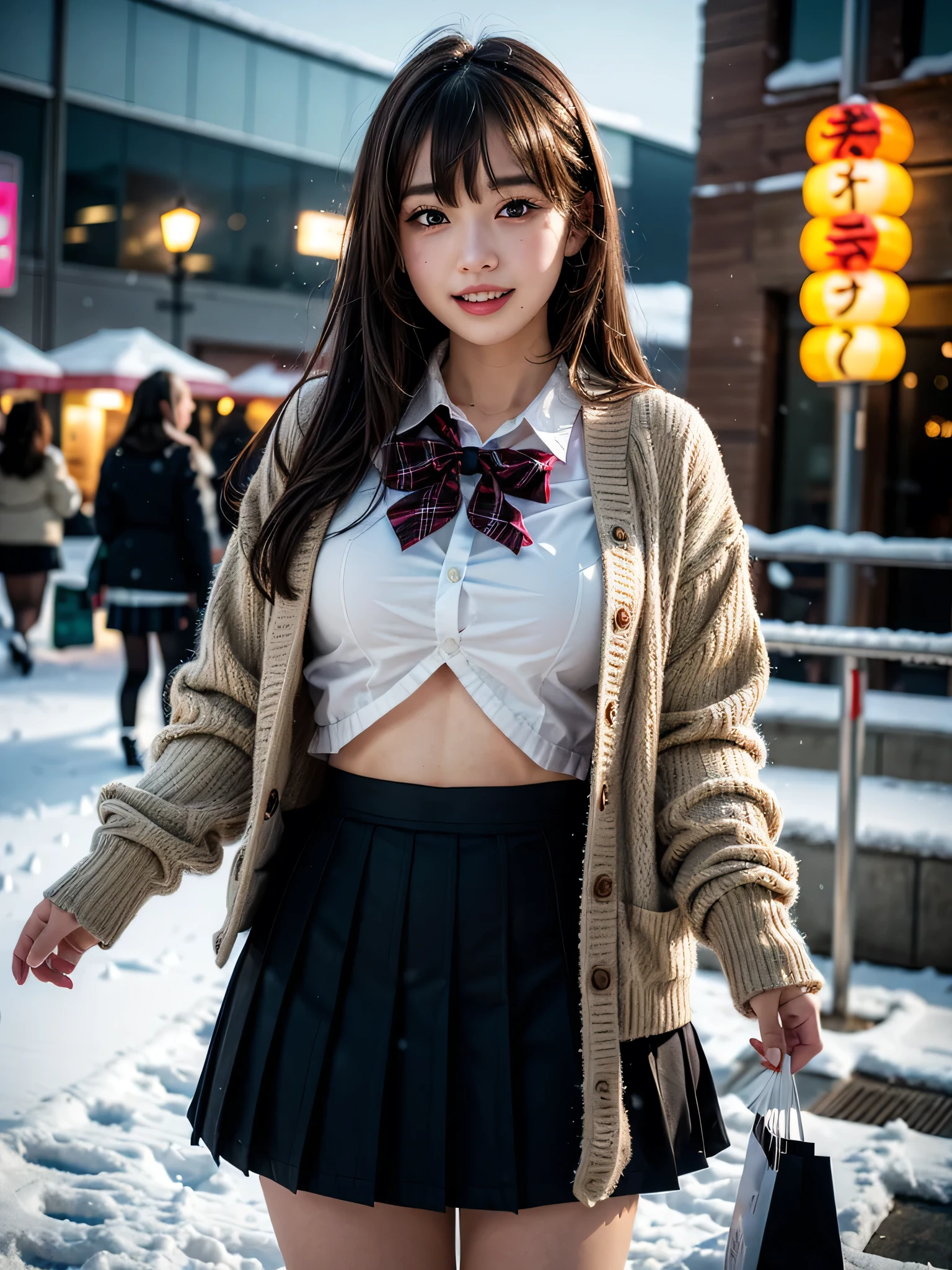 ((solo)), ((1 girl)), Panties Small, shopping, shop, market, coffee shop, ((night)), ((snowing)), ((snow)), ((Embarrassing)), 1girl, brown hair, long hair, bangs, brown eyes, big breasts, large breasts, red bowtie, school uniform, black jacket, open jacket, brown cardigan, white shirt, black skirt, plaid skirt, high school girl, blush, White underwear is visible, droopy eyes, shiny skin, beautiful breasts, beautiful ass, cute face, Japanese idol, real person, slightly smile, smile, happy, love, caring, appreciate, glamorous, voluptuous,