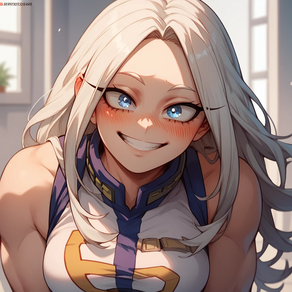 smile, innocent face, 
solo,
boku no hero academia girl, 1girl, white long hair,blush, blue eyes