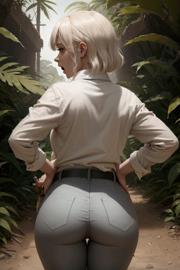 She bent over , 1 girl solo , She has long pants and a hunter's shirt , close-up , We see her from behind and in profile too. , Beautiful girl very similar to the actress Doris Day with short hair platinum Blonde  of  30 years old, she is a poacher, she has a big butt, she is in the middle of the jungle with the rifle in her hand, she is Bent over, looking back with a scare face and a lot of pain, she screams, He opens a lot of mouth and opens very much eyes to the fullest, in his tight pants we see a great hole at the butt , a great hole is seen in his Pants in butt área , and part of her buttocks are at sight with severe damage py a shotgun blast , All this is in a comedy Slapstick tone, it simply has to be funny. HD 4K