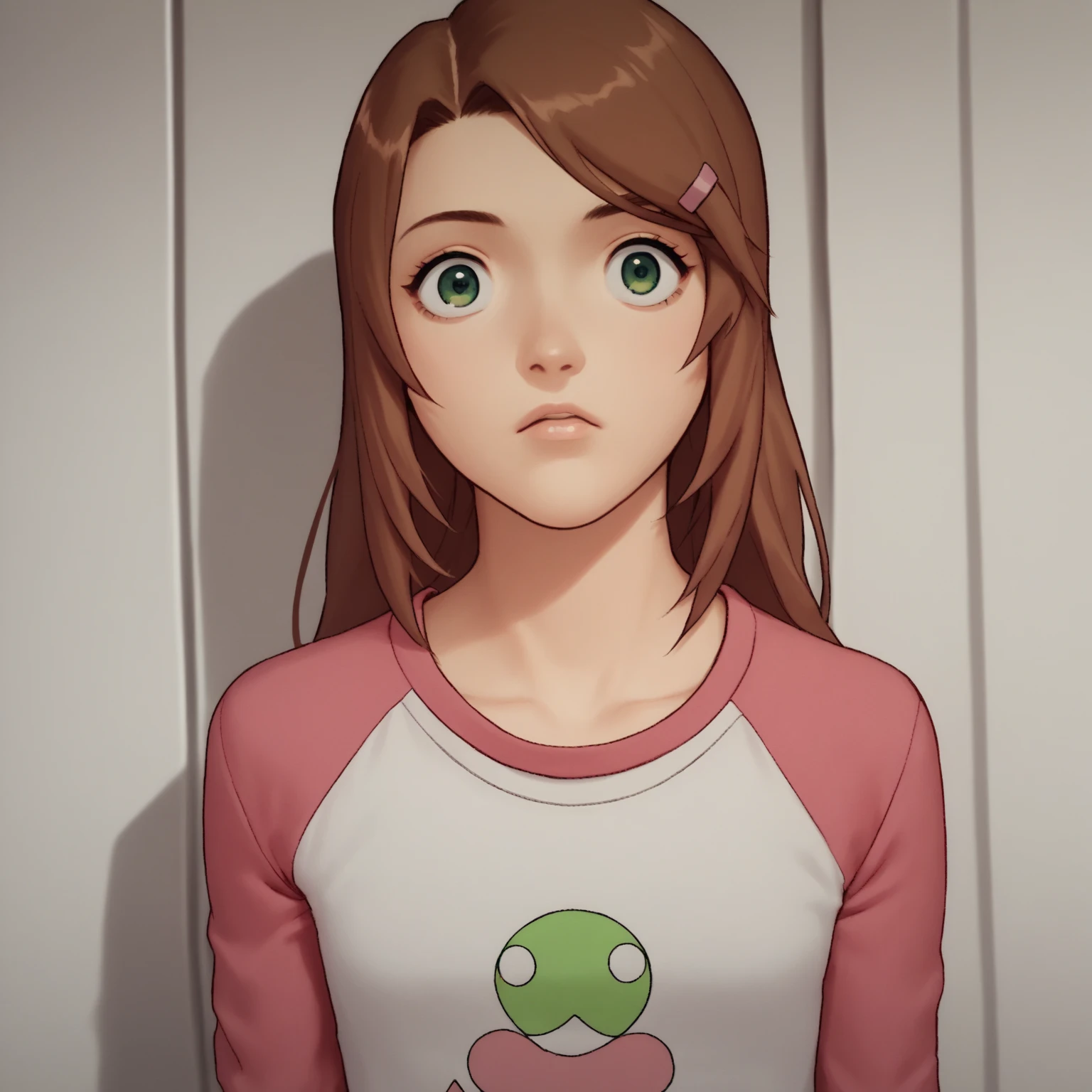 score_9, score_8_above, score_7_above, to break, source_anime,  1 , Alone, Diana,  long hair,  brown hair ,  green eyes,  shirt,  Photo of dark pink cowboy with raglan sleeves,