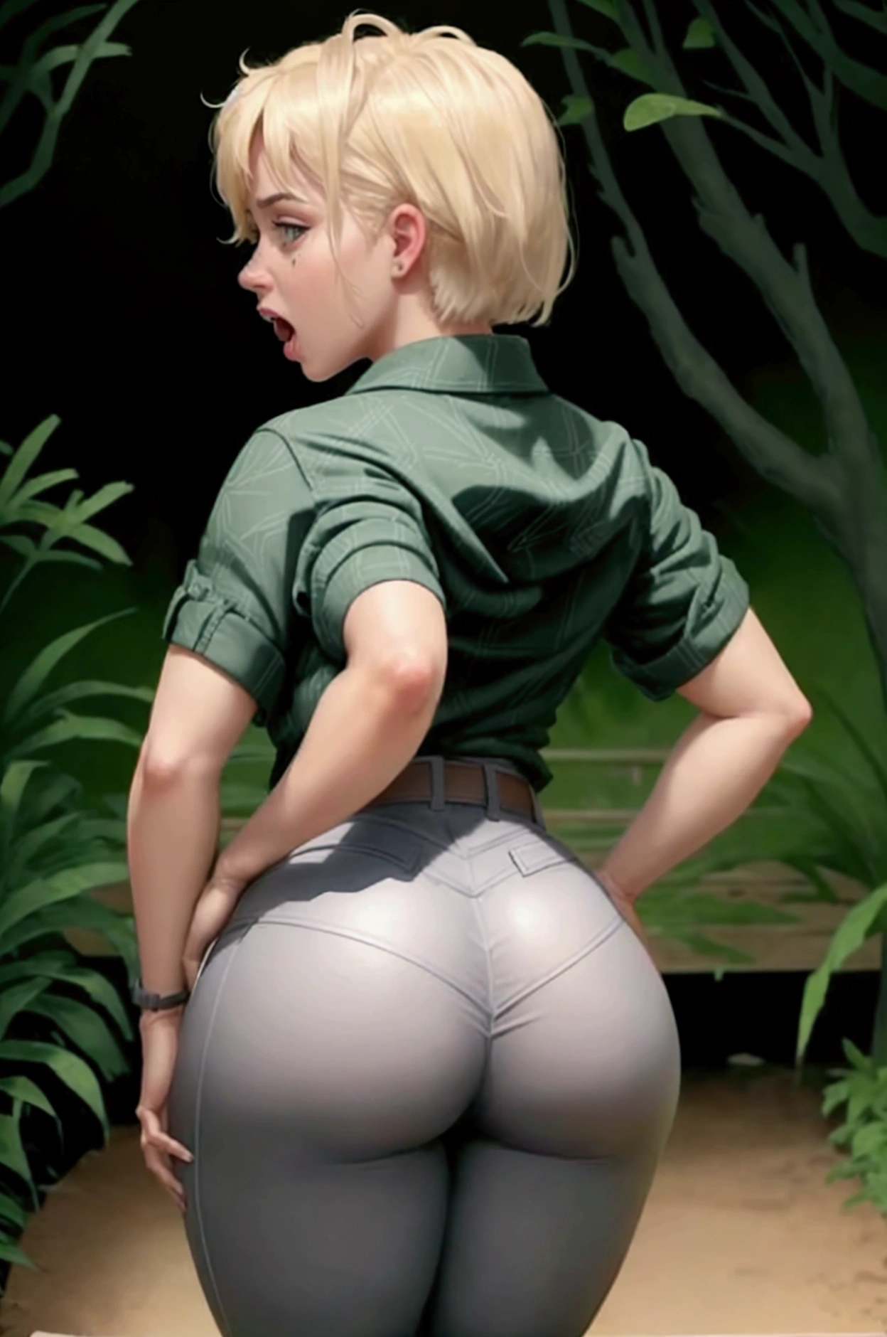 She bent over , 1 girl solo , She has long pants and a hunter's shirt , close-up , We see her from behind and in profile too. , Beautiful girl very similar to the actress Doris Day with short hair platinum Blonde  of  30 years old, she is a poacher, she has a big butt, she is in the middle of the jungle with the rifle in her hand, she is Bent over, looking back with a scare face and a lot of pain, she screams, He opens a lot of mouth and opens very much eyes to the fullest, in his tight pants we see a great hole at the butt , a great hole is seen in his Pants in butt área , and part of her buttocks are at sight with severe damage py a shotgun blast , All this is in a comedy Slapstick tone, it simply has to be funny. HD 4K