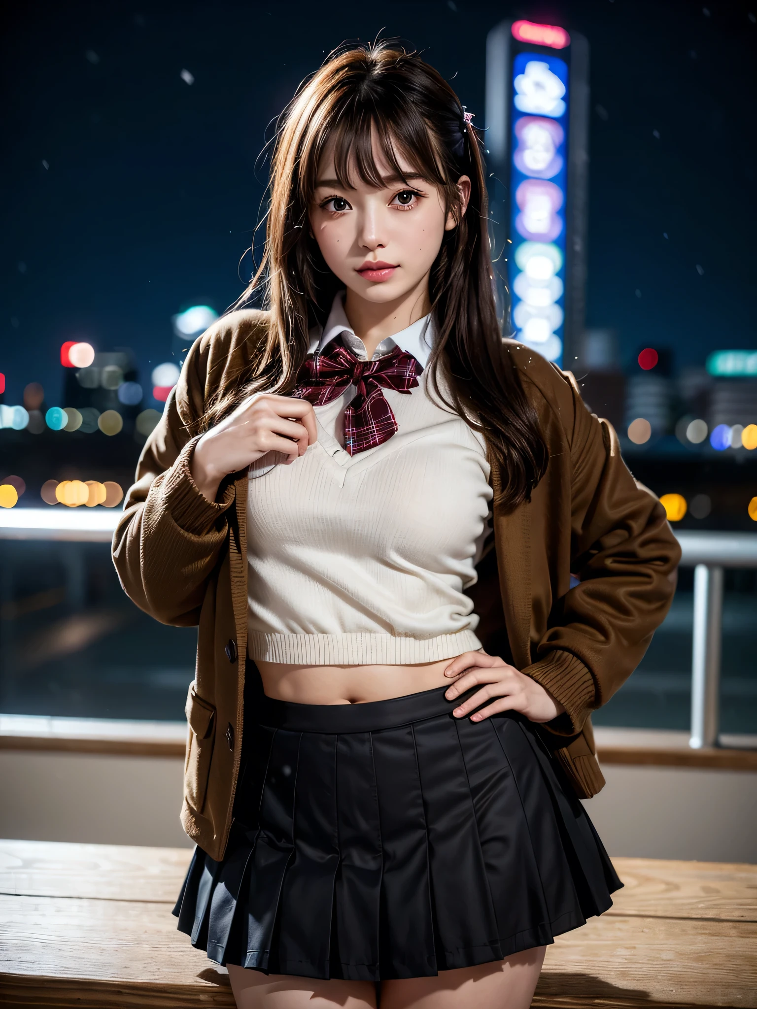 ((solo)), ((1 girl)), Panties Small, shopping, shop, market, coffee shop, ((night)), ((snowing)), ((snow)), ((Embarrassing)), 1girl, brown hair, long hair, bangs, brown eyes, big breasts, large breasts, red bowtie, school uniform, black jacket, open jacket, brown cardigan, white shirt, black skirt, plaid skirt, high school girl, blush, White underwear is visible, droopy eyes, shiny skin, beautiful breasts, beautiful ass, cute face, Japanese idol, real person, slightly smile, smile, happy, love, caring, appreciate, glamorous, voluptuous, hands on hips,