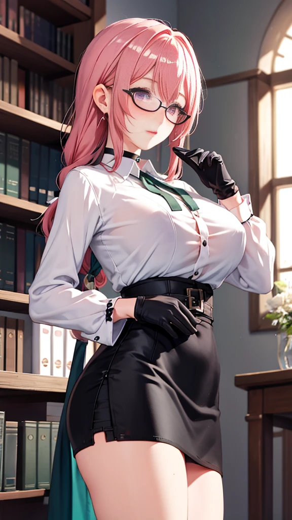 1 girl, Yanagi Tsukishiro , Alone, standing,  beautiful breasts , sensual lips, front view,  looking at the spectator ,  beautiful eyes ,  detailed eyes , purple eyes, simple samurai shoulder pad , glasses,  choker :1.6, ( black gloves), shiny high-waisted miniskirt,  white shirt with collar,  dark green neck strap,  shy expression ,  gunman shot, Gothic style library ,  dark gothic style 