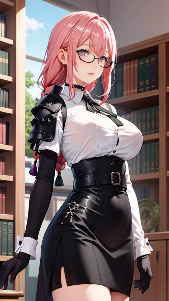 1 girl, Yanagi Tsukishiro , Alone, standing,  beautiful breasts , sensual lips, front view,  looking at the spectator ,  beautiful eyes ,  detailed eyes , purple eyes, simple samurai shoulder pad , glasses,  choker :1.6, ( black gloves), shiny high-waisted miniskirt,  white shirt with collar,  dark green neck strap,  shy expression ,  gunman shot, Gothic style library ,  dark gothic style 