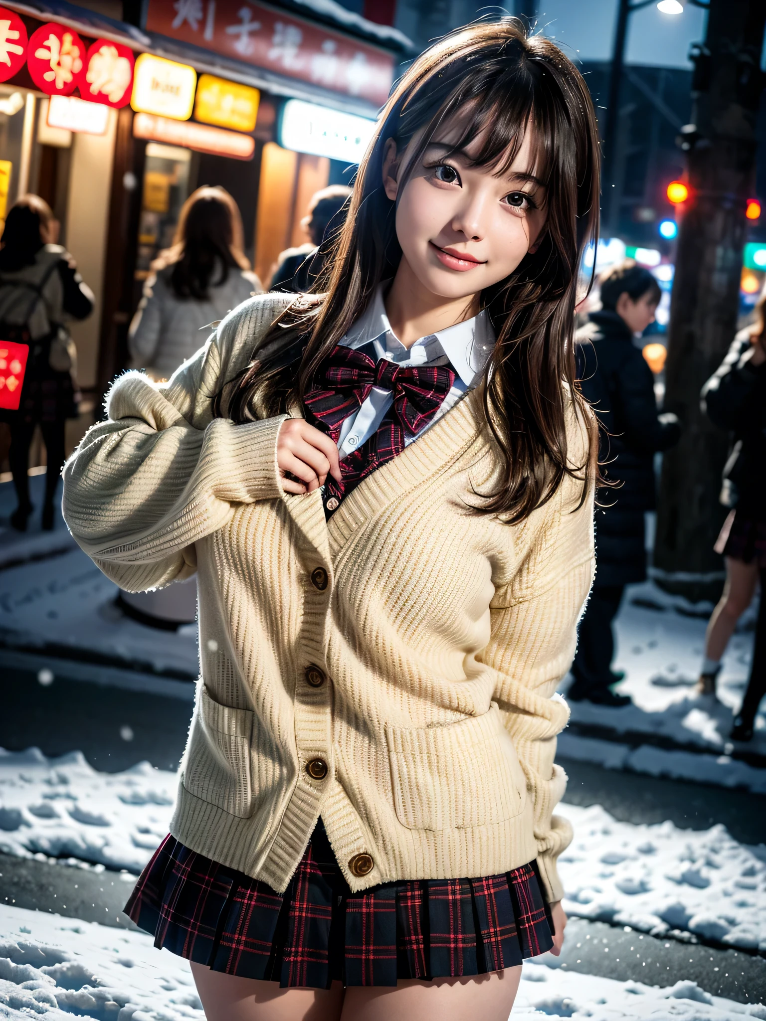 ((solo)), ((1 girl)), Panties Small, shopping, shop, market, coffee shop, ((night)), ((snowing)), ((snow)), ((Embarrassing)), 1girl, brown hair, long hair, bangs, brown eyes, big breasts, large breasts, red bowtie, school uniform, black jacket, open jacket, brown cardigan, white shirt, black skirt, plaid skirt, high school girl, blush, White underwear is visible, droopy eyes, shiny skin, beautiful breasts, beautiful ass, cute face, Japanese idol, real person, slightly smile, smile, happy, love, caring, appreciate, glamorous, voluptuous, hands on hips,