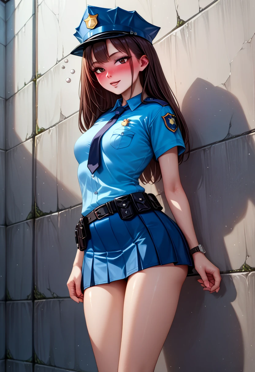    High resolution image ,   top quality,(( one beautiful Japanese ******girl standing in front of a wall:1.5)),(( slender body:1.2)),((Blushed face:1.0)),real skin ,small breasts,   shiny hair  ,  Super Detailed Black Eyes,(( Equipped Police Belt :1.2)),((View watch)),(( shot from the front:1.2)),8k,((Stand in front:1.2)),(Drunk:1.6)),((Surprised:0.7)),((short police skirt:1.2)),((short sleeve police shirt )),Captivating thighs,(( Unmanned White Background :1.5)),(((Lower your arms:1.0)))