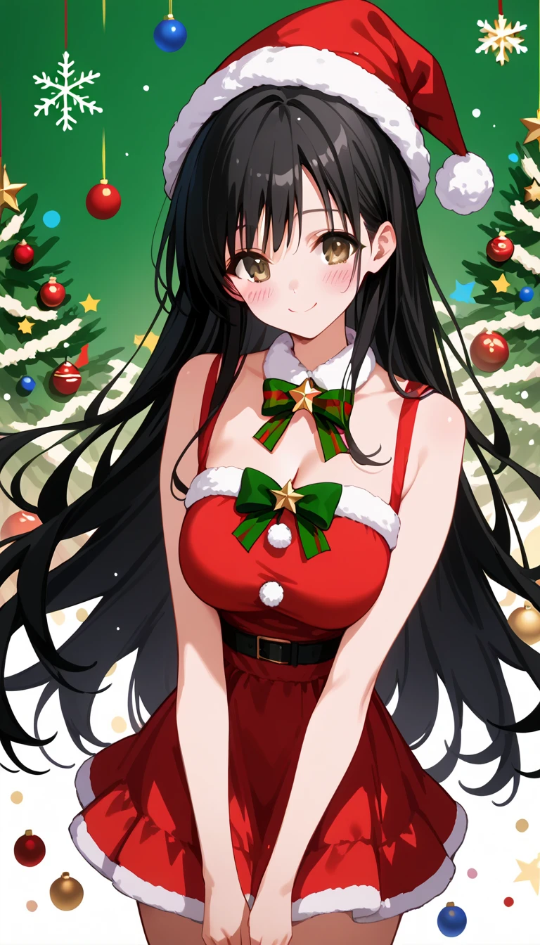 best quality, high resolution, 8k, alone, ((blush:1.5)), (Otegawa Yui、 black hair、 brown eyes、long hair, large breasts), happy smile, christmas dress, christmas hat, mini skirt, christmas background, christmas dinner, christmas prsent